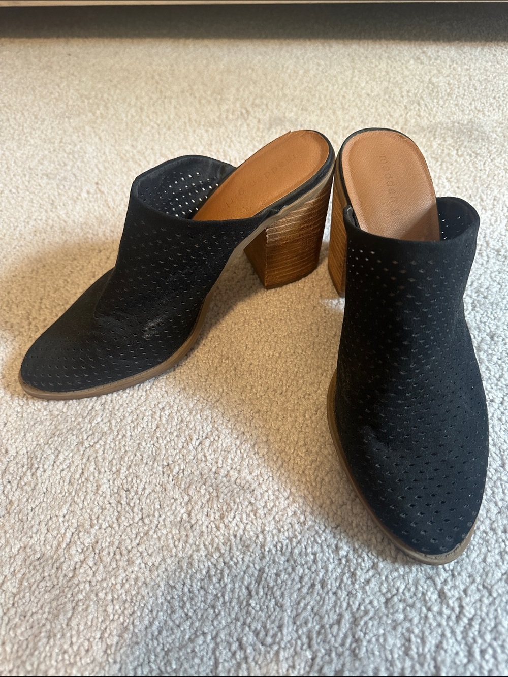 Madden Girl Black Perforated Suede Block Heel Mules
